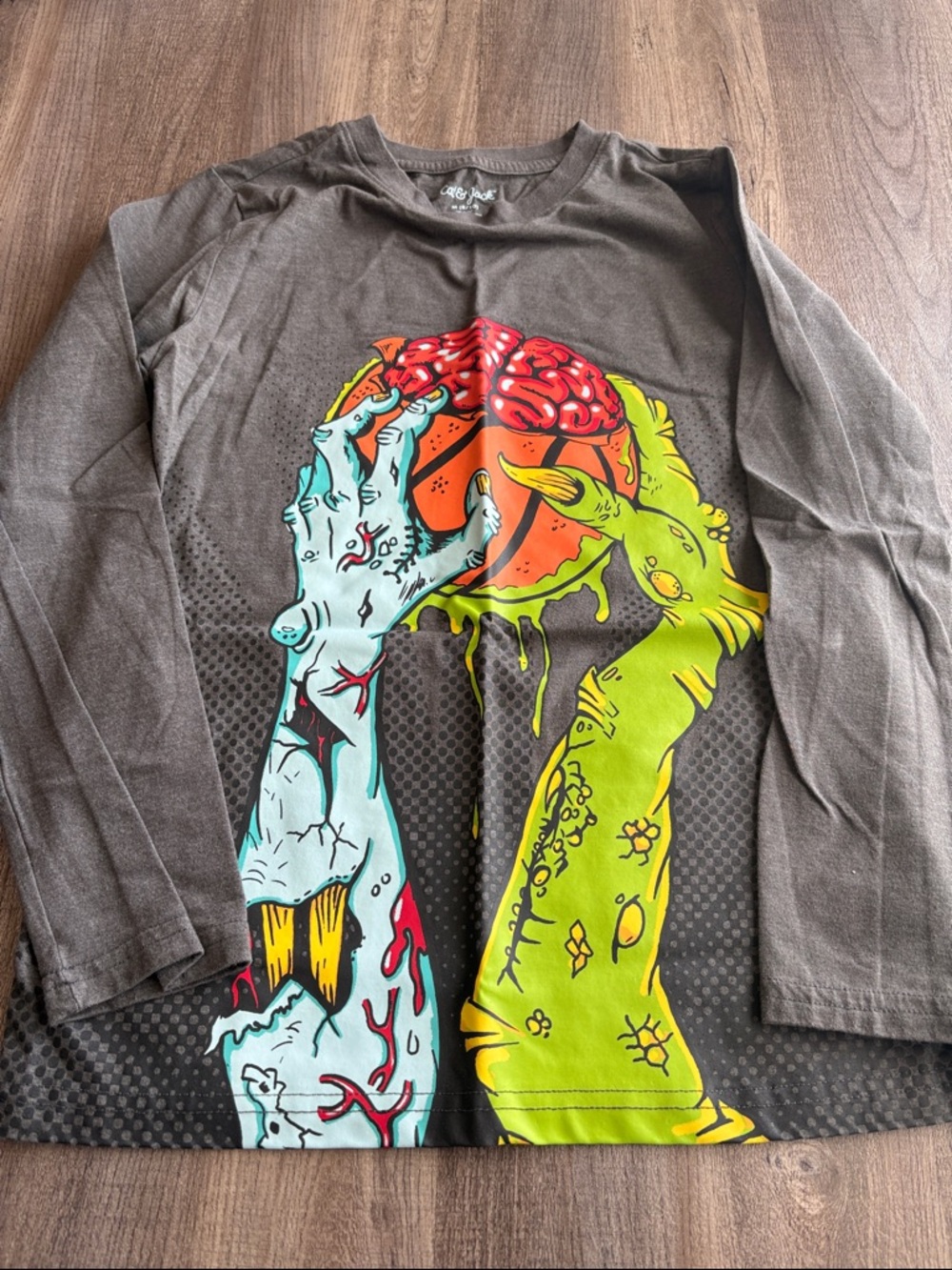Cat & Jack Brown Long Sleeve Tee with Neon Zombie Hands Graphic